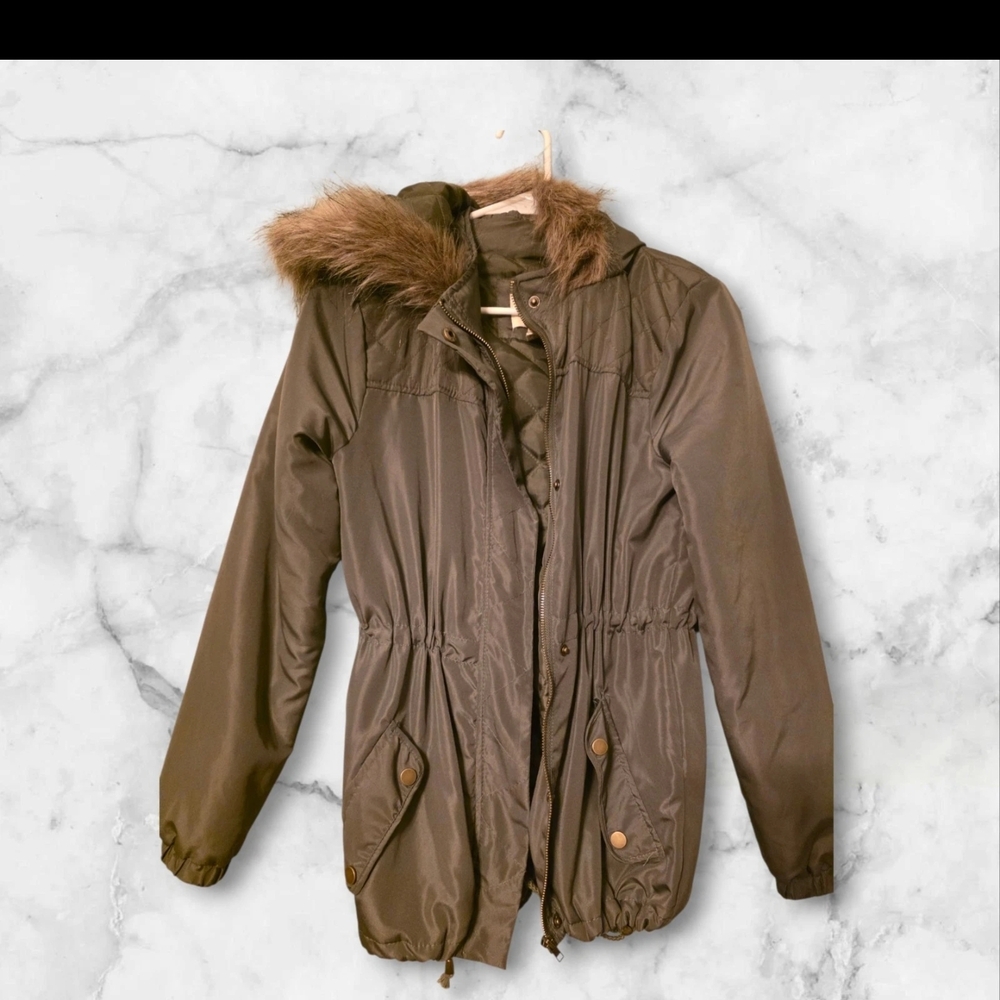 Sky and Sparrow Olive Utility Jacket with Faux Fur Hood